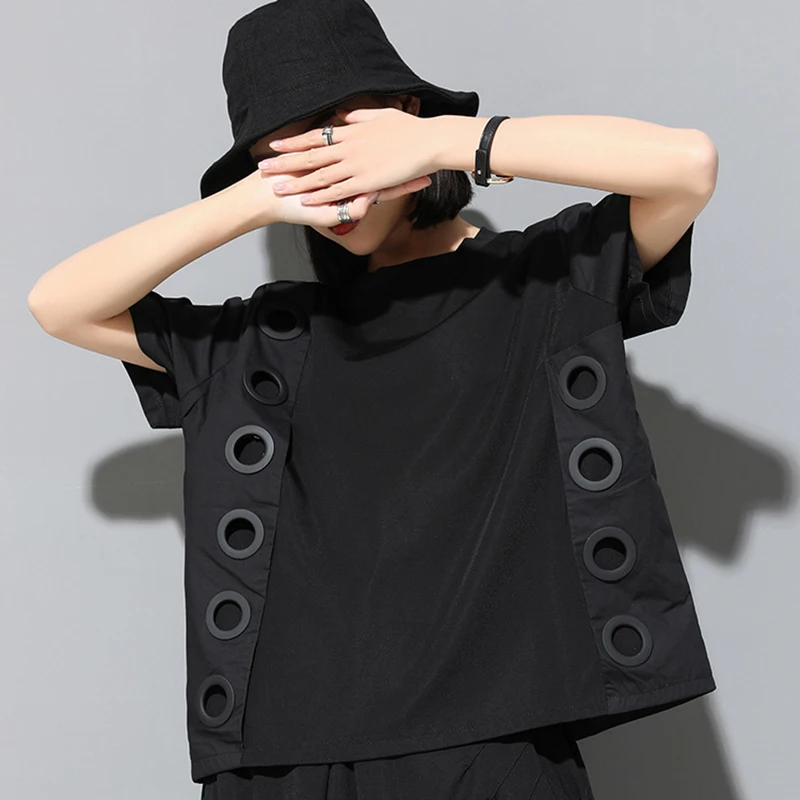 [EAM] новая весенне-летняя черная футболка с круглым вырезом и коротким рукавом с разрезом большого размера Женская модная футболка JW045