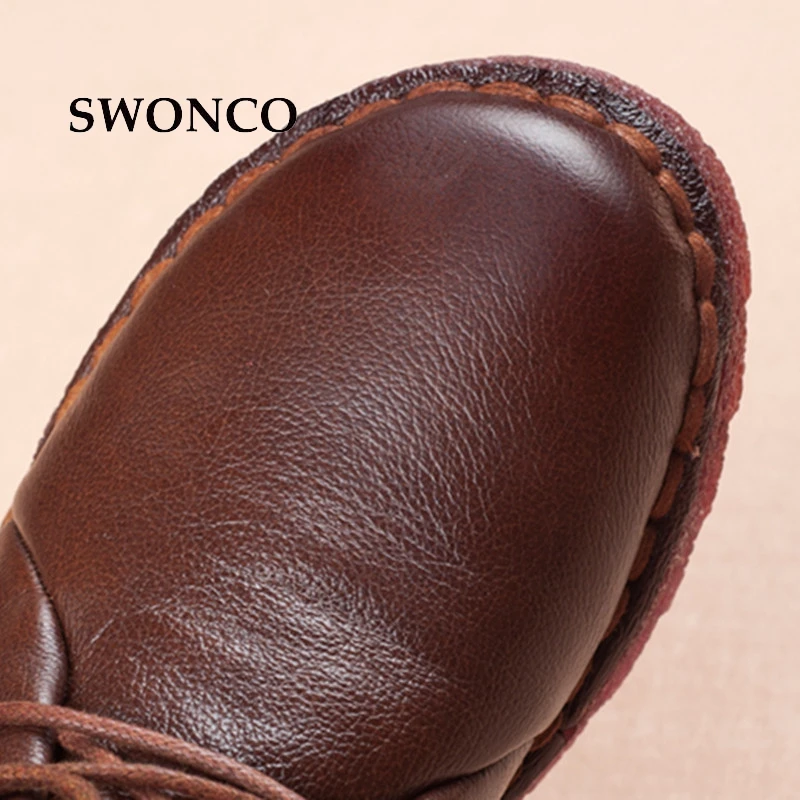 Lace Chaussures Cheville En De Swonco Neige brown D'hiver Véritable Non Femmes slip Bottes Noir Cuir Up Black Dames Boot 7z0tz