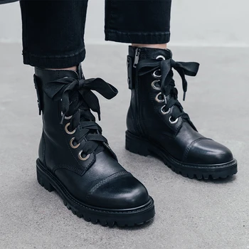 

WETKISS Military Boots Women Platform Booties Thick Heels Shoes Female Casual Cow Leather Shoes Ladies Neutral Shoes Autumn 2019