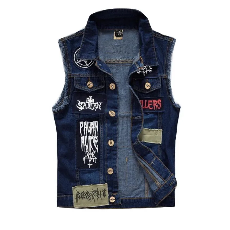 

Men's Patches Design Jeans Vest Ripped Denim Waistcoat Men Denim Vest Man Sleeveless Jeans Vest Frayed