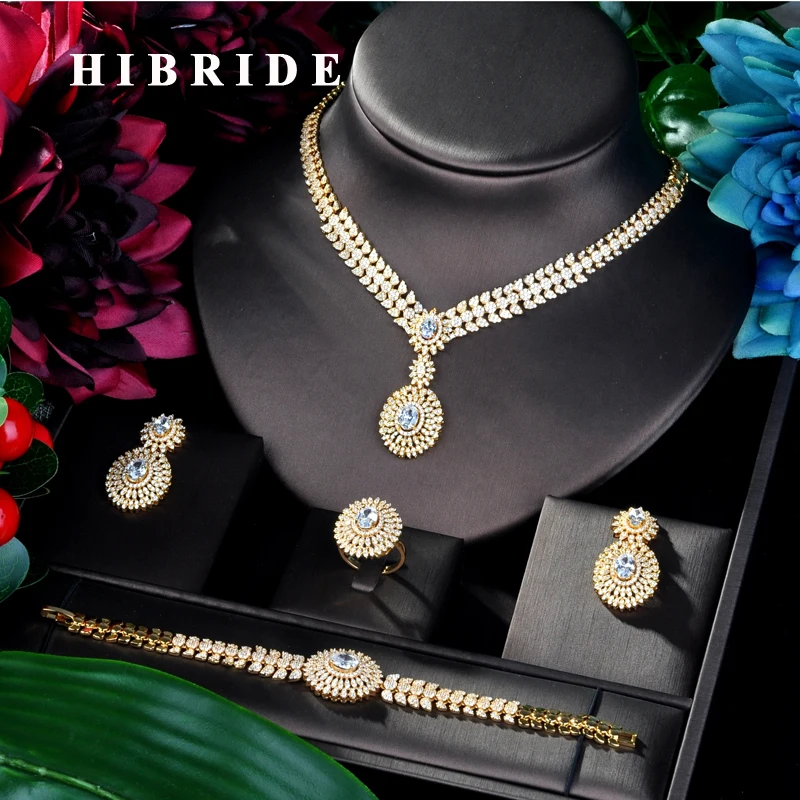 

HIBRIDE Big Luxury Round Design Brilliant Women Jewelry Set Wedding Dress Necklace Earring Jewelry Set For Party Gits N-870