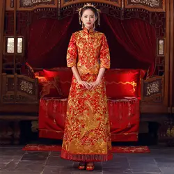 Невесты Cheongsam Винтаж китайский стиль свадебное платье ретро тост Костюмы Леди Вышивка Феникс брак Qipao красная одежда