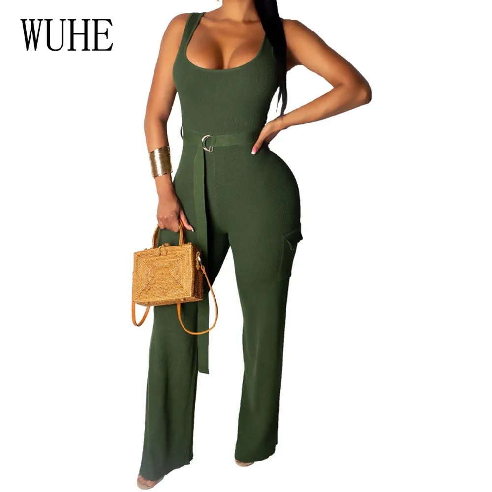 WUHE Urban Casual Fashion Women's Belt Pitted Jumpsuits Elegant Bodycon Bandage Loose Playsuits Femme Summer Macacao Feminino WUHE Urban Casual Fashion Women's Belt Pitted Jumpsuits Elegant Bodycon Bandage Loose Playsuits Femme Summer Macacao Feminino