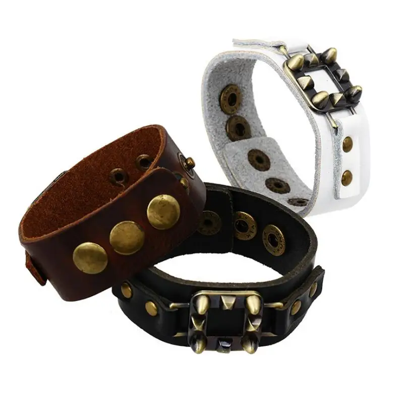 

Vintage Retro Spikes Rivet Bracelet Cuff Hippie Bangle Wrap Bronze Charm Leather Chain Wristband for Unisex Punk Fashion Jewelry