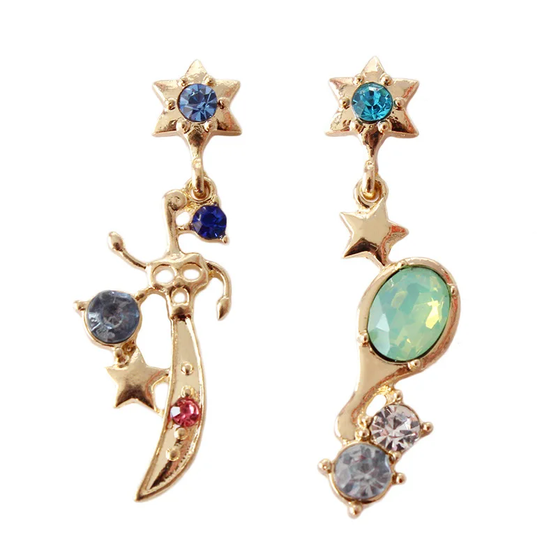 

One Pair Shinny Gold Color Stars Mirror with Green Stone Bule Crystal Comb Sailor Moon Long Stud Earrings For Cosplay Kids Girls