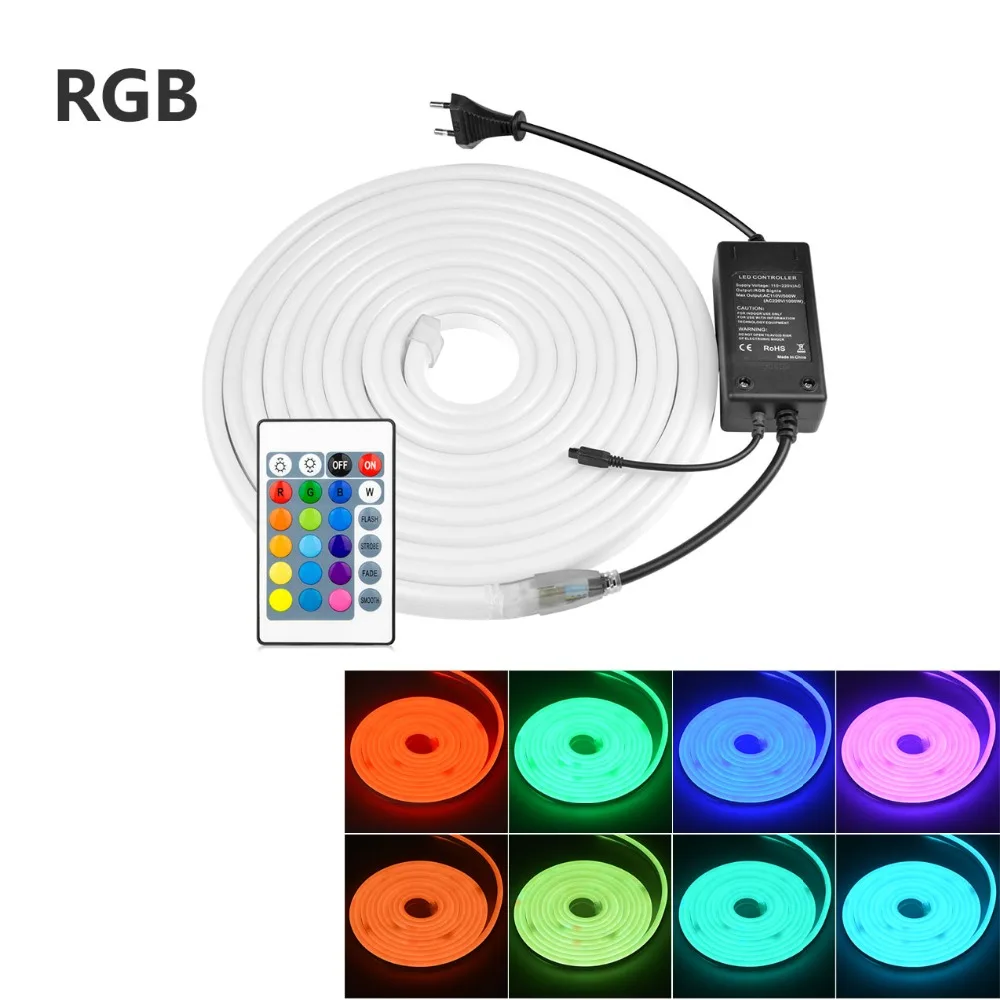 Цветная(RGB) светодиодный неоновый светильник знак 220V Светодиодные ленты неоновая лампа с адаптер для розеток европейского стандарта, 1/2/3/4/5/6/7/8 м клейкие ленты светильник светодиод напольный светильник Инж