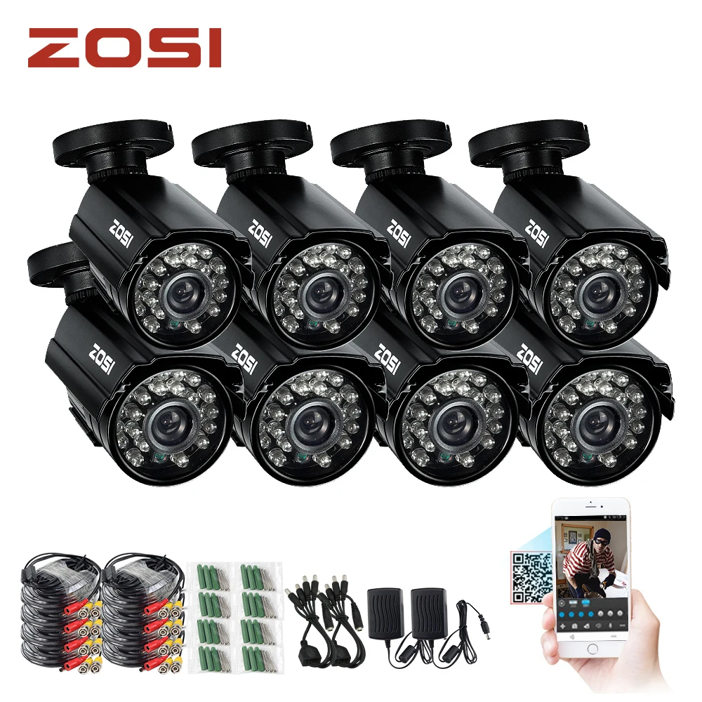 

ZOSI 8pcs 800TVL High resolution CCTV Camera IR Cut 24Led Hour Day/Night Vision IP66 Outdoor Bullet video Surveillance Camera