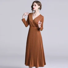 Sexy cuello pico Maxi vestidos de manga larga mujeres 2019 primavera Vintage Camel plisado liso vestidos largos de fiesta Robe Femme