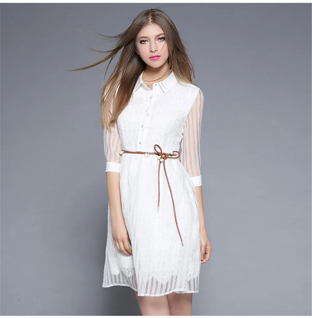Fashion White Sweet Dress 2017 Summer&Autumn High Quality Chiffon Half Sleeve Casual Party Dress Hollow out Sashes Pearl Vestido (4)