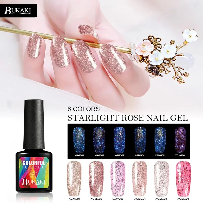

BUKAKI Fluorescent Starry Rose Gold Glitter Nail Gel Nail Art UV Gel Lacquer Sugar Varnish Hybrid Need Top Base Coat Nail Glue