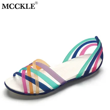 

MCCKLE Women Rainbow Jelly Sandals Candy Color Peep Toe Female Flat Beach Shoes Slip On Slides Casual Ladies Summer Footwear