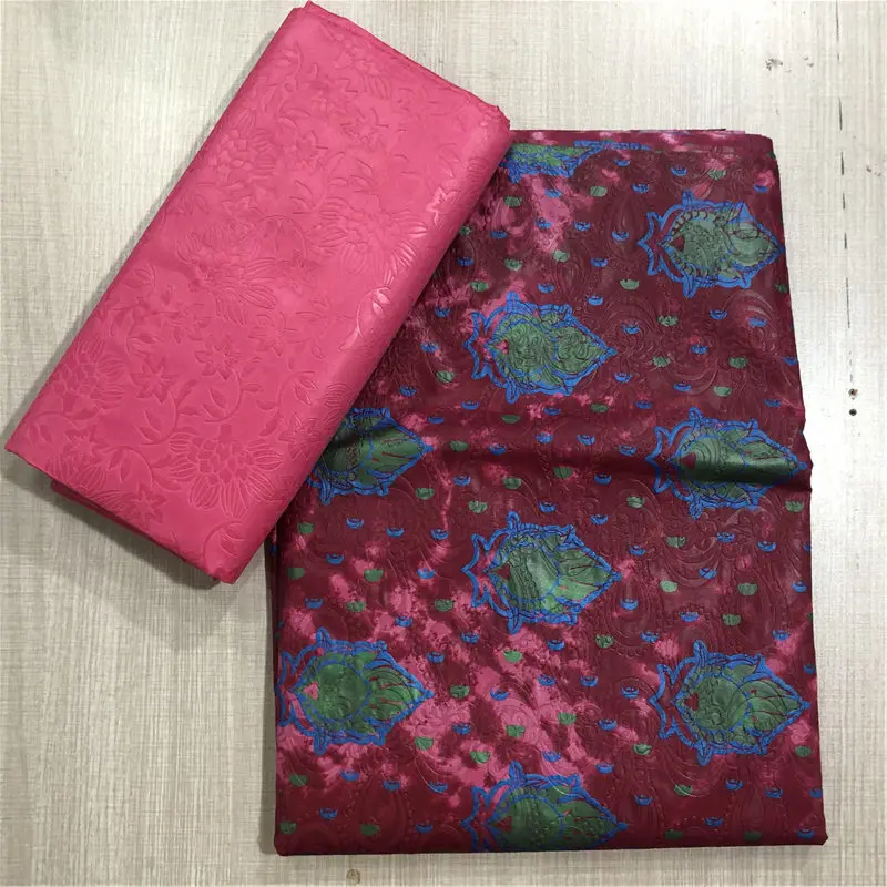 

Fuchsia Flower Bazin Riche Fabric Good Quality African Jacquard basin Lace With Plain Brocade Lace matching 10yards/set