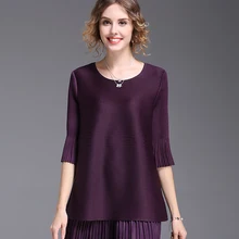 Changpleat Свободная Женская футболка Miyak плиссированные Дизайнерские однотонные футболки с круглым вырезом и бантом сзади, черные, серые женские футболки больших размеров