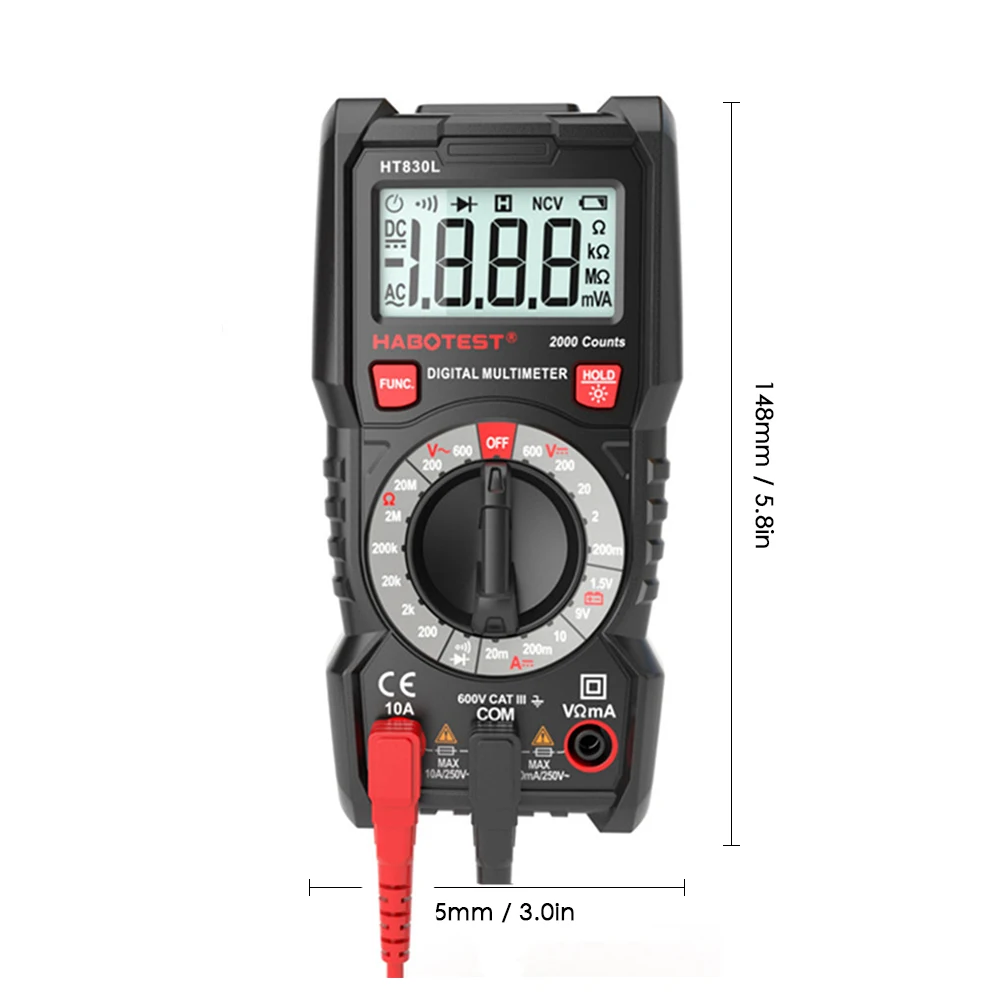 2000 отсчетов цифровой Mulitmeter AC/DC напряжение постоянного тока Измеритель сопротивления диода непрерывность батареи измерительный прибор с подсветкой