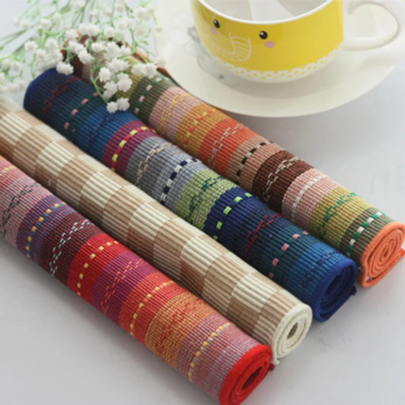 

1PC Colorful Stripe Table Mats Cotton Cloth Western Pad Pastoral Kitchen Dining Placemat Heat Insulation Mat Bowl Dish Coasters