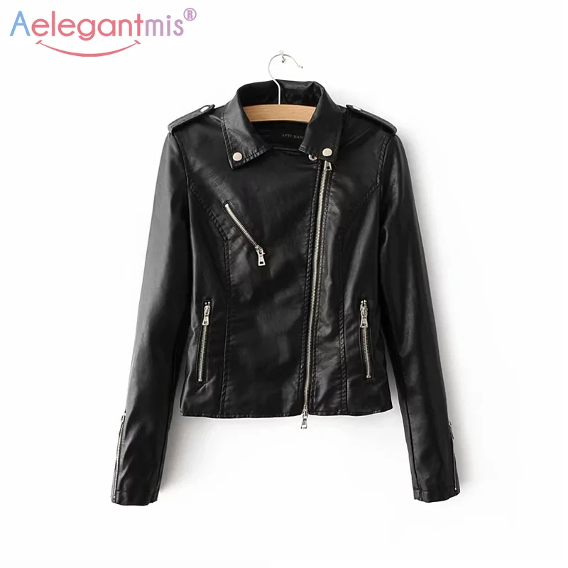 

Aelegantmis Pu Leather Jacket Women Fashion Short Motorcycle Biker Jacket Faux Soft Leather Jacket Ladies Casual Outwear Black