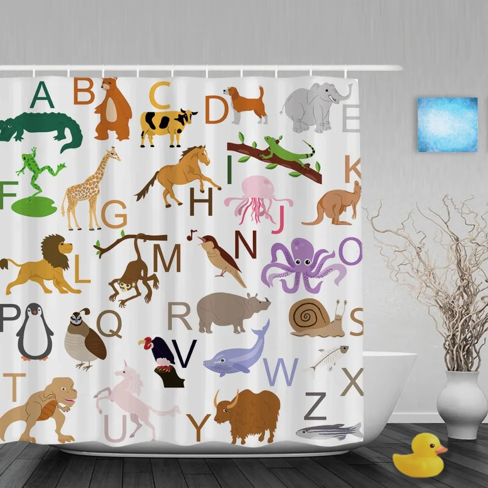Животные образовательные букв алфавита душ детей cutains Детские Ванная комната Шторы полиэстер Водонепроницаемый Ткань с Крючки
