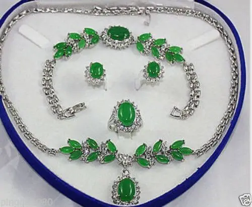 

Free shipping New style Natural noble jewelry>>>>Jewelry green jade white gold Necklace Bracelet Earring Ring