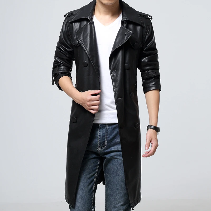 New 2016 autumn faux leather jacket men long leather overcoat veste