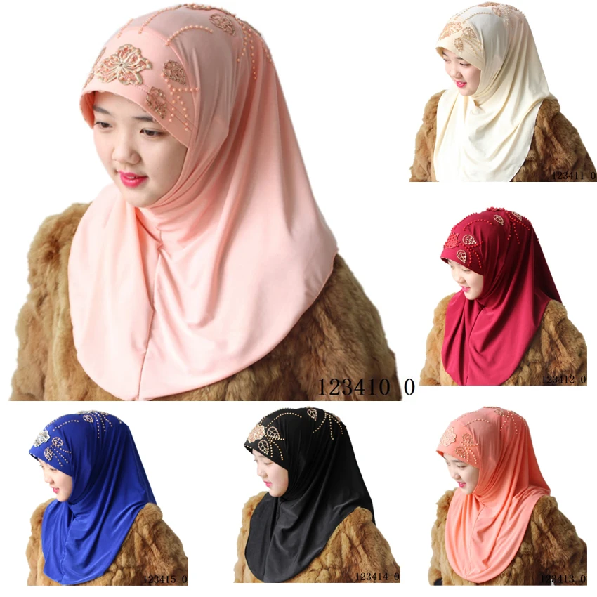 Женский мусульманский полный закрытый внутренний шарф-хиджаб мягкий Бисероплетение сплошной цвет дамская шляпа без полей Саудовская