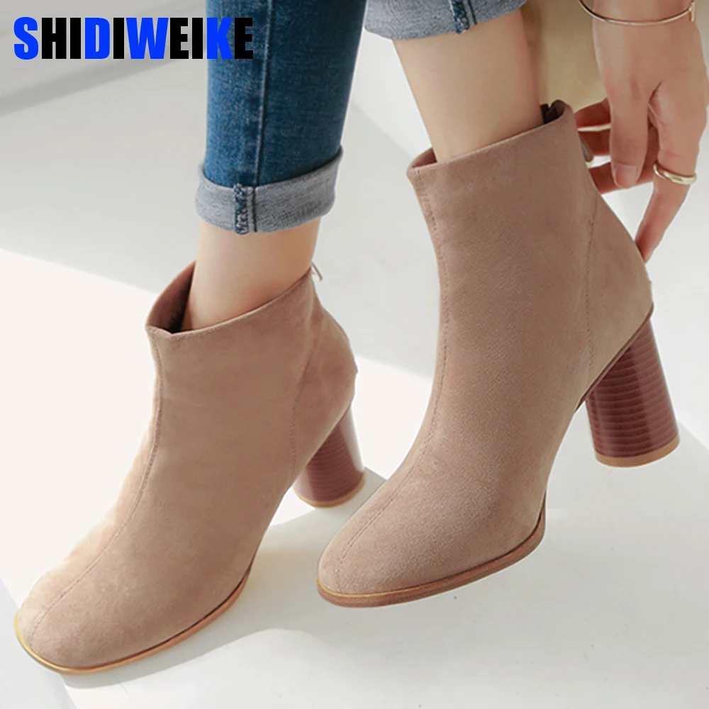 

Flock Women Ankle Boots Round Toe Footwear zipper Female Boot Casual Girl High Heel Shoes Woman 2019 Winter Booties Plus Size