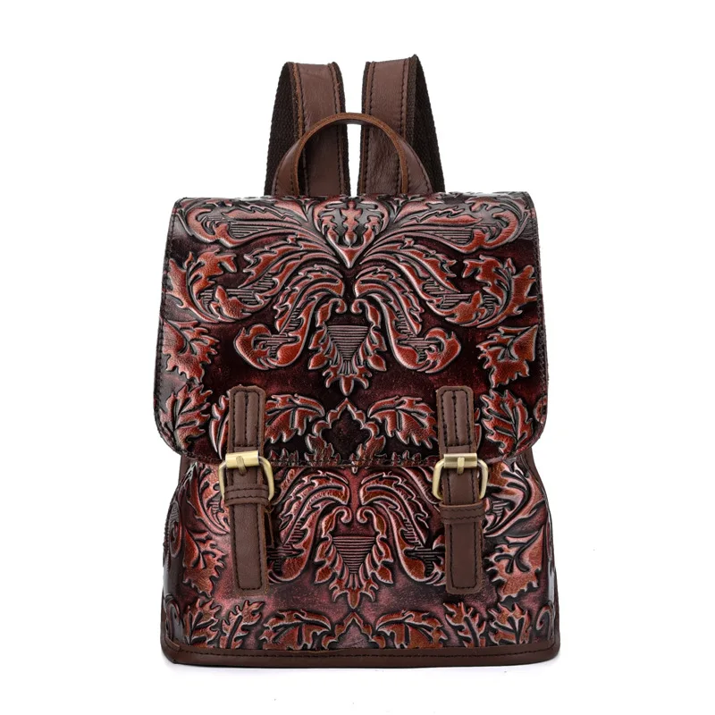 

Oil Wax Cowhide Women Rucksack Knapsack School Bag Luxury Genuine Leather Rose Floral Embossed Female Daypack Travel Backpack