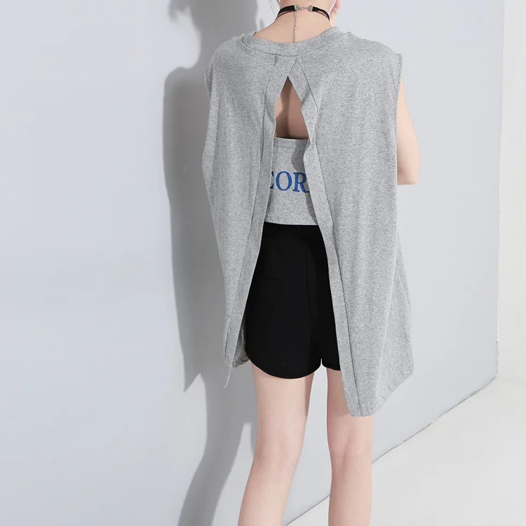 

Johnature Casual Sleeve O-neck Backless Hollow Out Tops Summer New Women Clothes Letter Print Slits Loose Women T-Shirts 2019