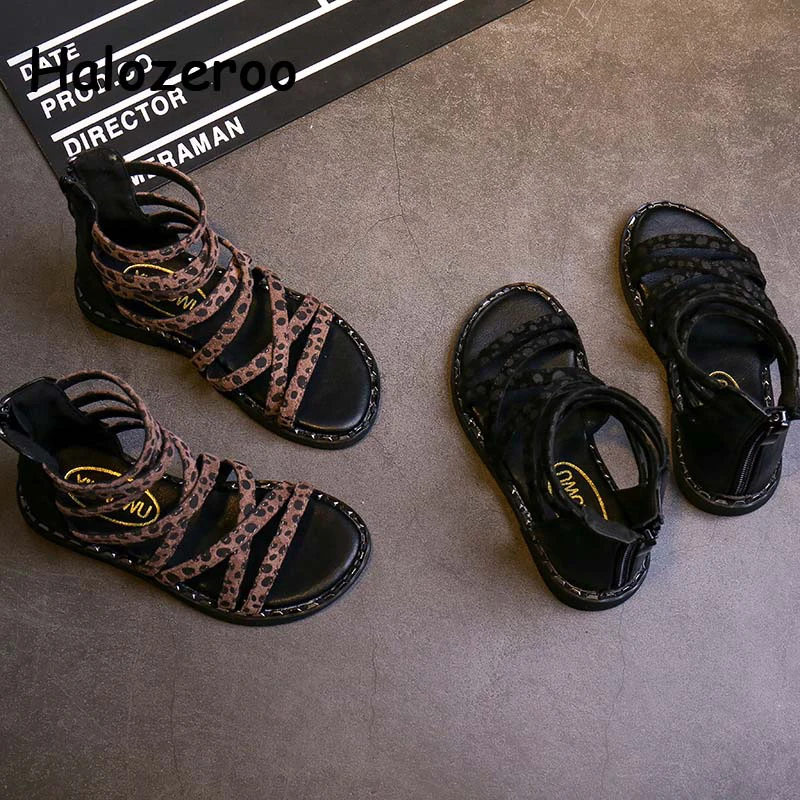 

Summer New 2019 Kids Gladiator Sandals Baby Girls Pu Leather Shoes Children Leopard Shoes Fashion Black Sandals Soft Brand Shoes