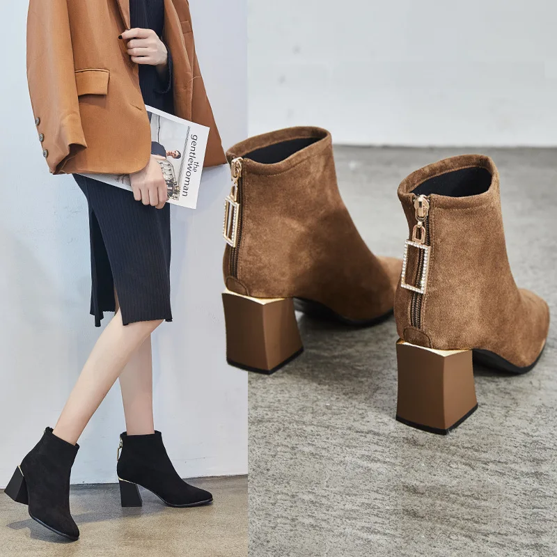 

Thick with ankle boots female 2018 autumn and winter new British wind Martin boots metal zipper fashion wild chic women's boots