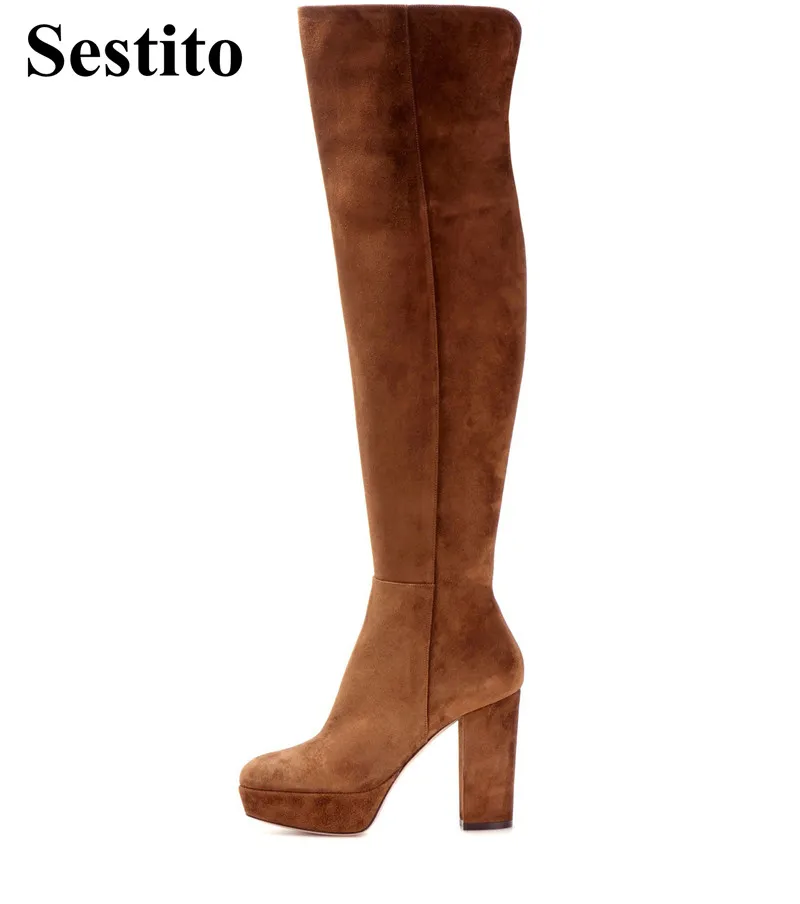 

European Solid Round Toe Super High Heel Platform Over-the-Knee Boots Women Hoof Heels Side Zipper Thigh High Boots Ladies Shoes