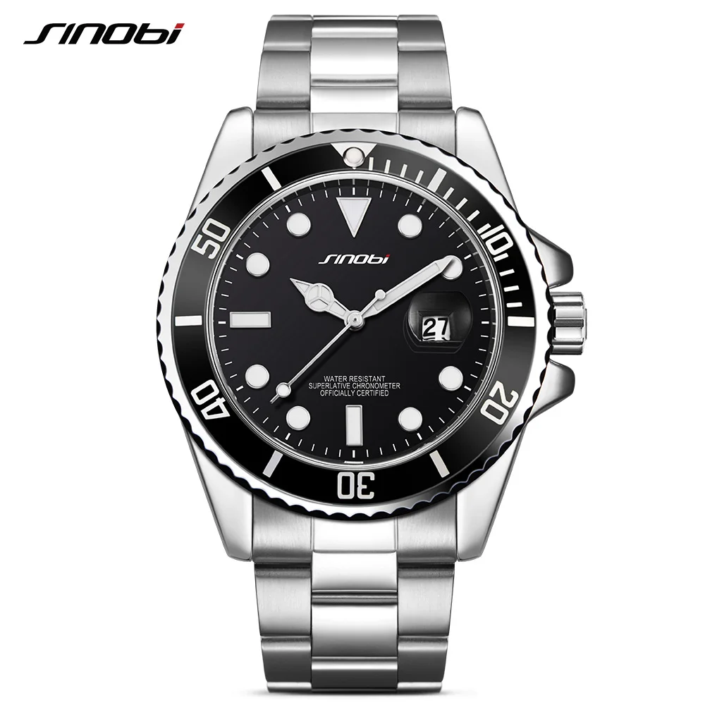 

SINOBI Casual Men Watch Waterproof Date Full 316 Steel Band Luxury Mans Luminous ghosts Quartz Watches Silver Relogio Masculino