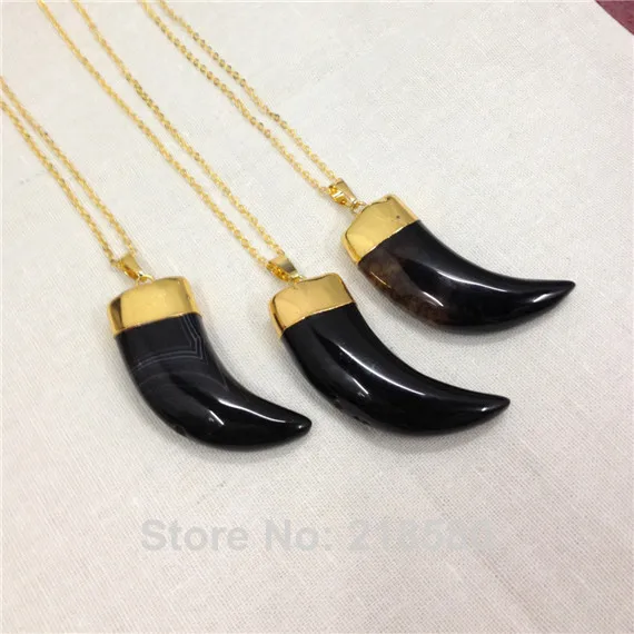H QN106 Black Agat Рог из оникса подвеска с клыком ожерелье золотого цвета|necklace gold|pendant