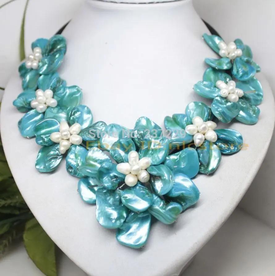 

Wholesale price FREE SHIPPING ^white pearl blue mother of pearl shell handwork 7 flower necklace 18" Jewelry
