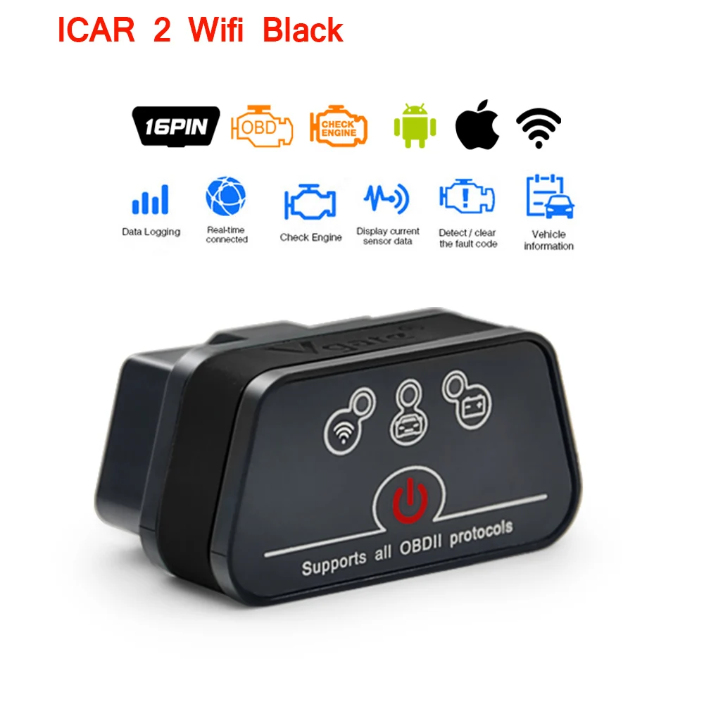 Vgate icar2 Bluetooth/Wifi OBD2 диагностический инструмент ELM327 Bluetooth/wifi OBD 2 сканер Мини ELM327 для android/PC/IOS считыватель кодов - Цвет: Icar2 WIFI Black