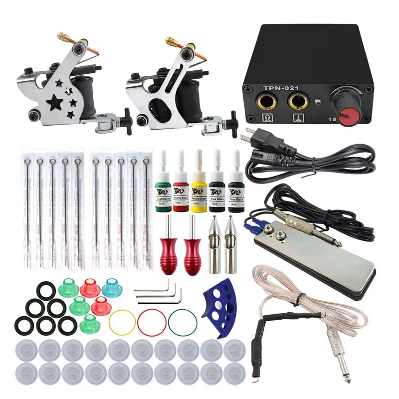 

Complete Tattoo Machine Kit Set 2 Coils Guns 5 Colors Black Pigment Sets Power Tattoo Beginner Grips Kits Permanent Makeup