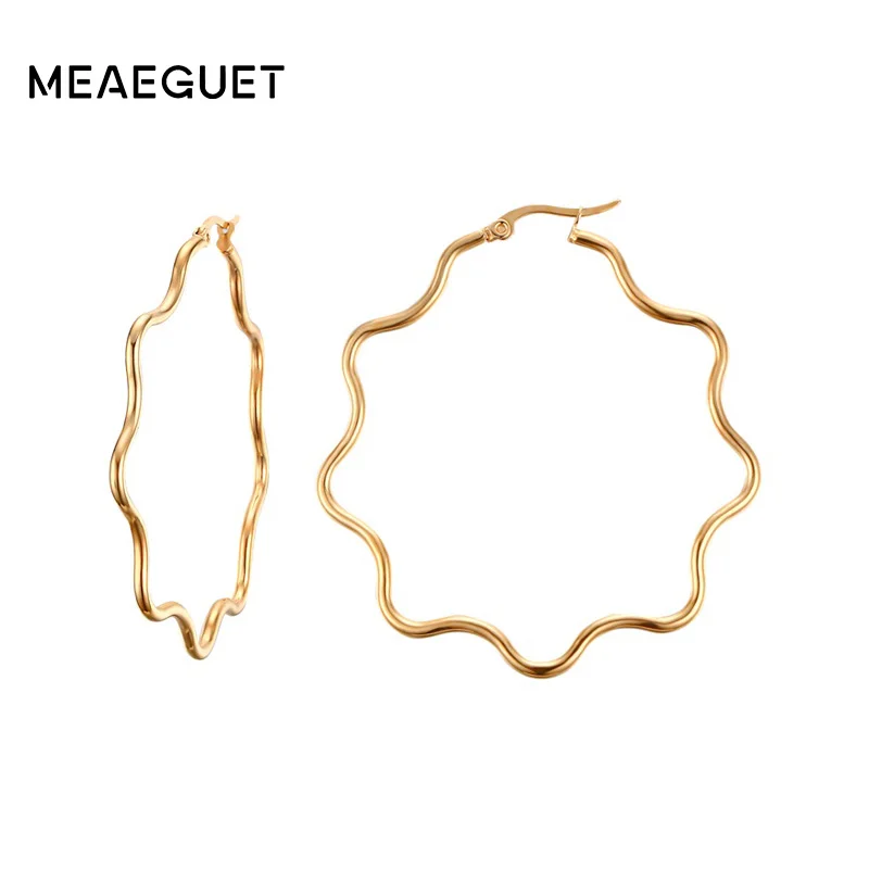 

Meaeguet Wave Shape Big Hoop Earring Gold-Color Earrings For Women Stainless Steel Round Earrings Jewelry