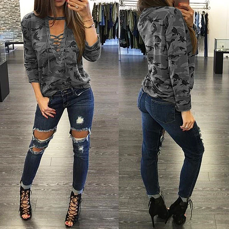 2018 Women Sexy T-shirt Camouflage V Neck Lace Up Tshirt Feminino lacet T shirt Loose Bandege Top Harajuku Tracksuit 2018 Women Sexy T-shirt Camouflage V Neck Lace Up Tshirt Feminino lacet T shirt Loose Bandege Top Harajuku Tracksuit