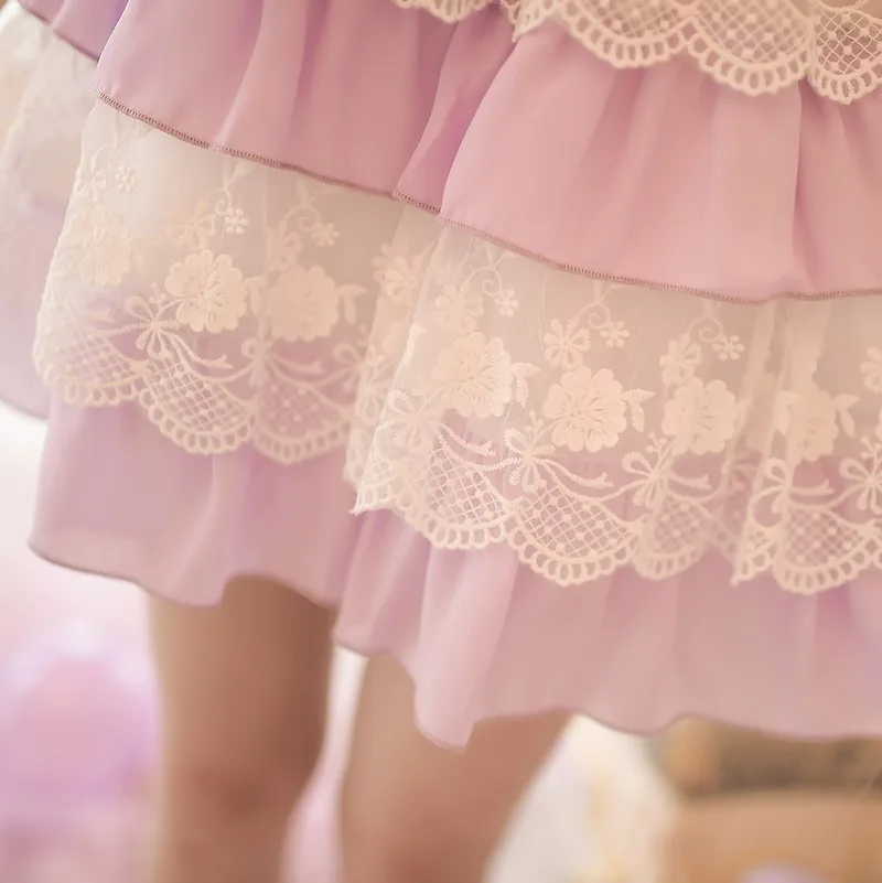 Милое платье принцессы в стиле Лолиты; яркое платье в японском стиле; милое кружевное шифоновое платье принцессы в виде листьев лотоса; C15AB5778
