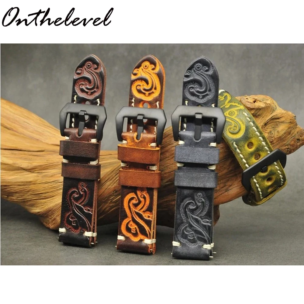 

Onthelevel Genuine Leather Watchbands Carved Watch Band Strap for Panerai Belt Stainless Steel Black Buckle 20 22 24mm 2020 new