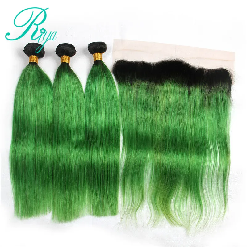 1B Emerald Green straight hair bundles with lace frontal closure (1)