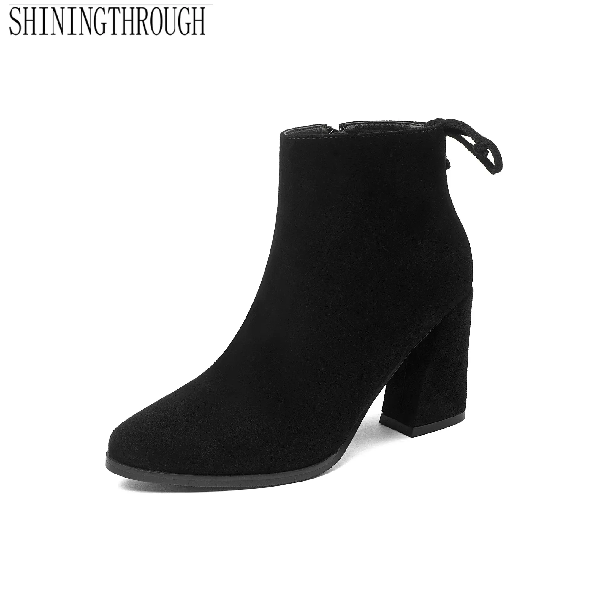 

Genuine Leather Women Ankle Boots Square Hgh Heel Pointed Toe Spring /autumn Zipper Deisgn Wedding Boots Ladies Shoes Size 34-43