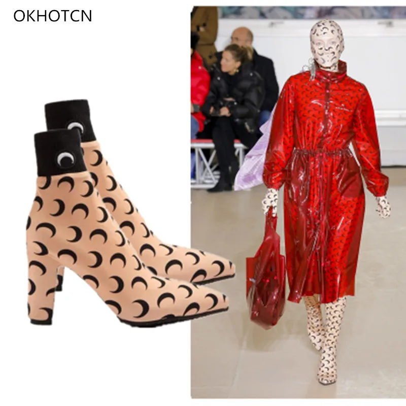 

2018 Fashion Show New Ankle Boots For Women Print Crescent Stretch Fabric Sock Boots Shoes Woman Pointed Toe High Square Heel