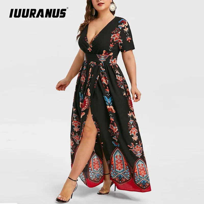 

IUURANUS Plus Size Women Summer Long Dress Fashion Butterfly Print V-Neck Short Sleeve Casual Elegant Dresses Woman Party Night