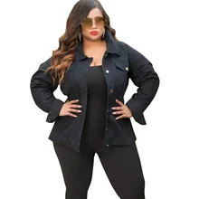 Осенне-зимняя черная джинсовая куртка женская с длинным рукавом Повседневная модная с открытой спиной с цепочкой сзади однобортная куртка размера плюс джинсовая куртка пальто