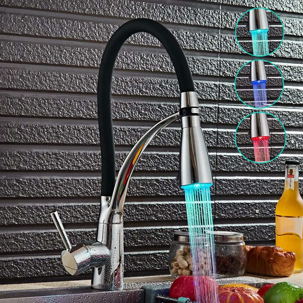 

LED Kitchen Taps Pull Out Spray Basin Mixer Sink Tap Chrome Black Modern Faucet
