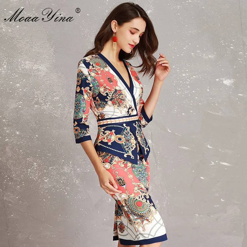 MoaaYina, модное дизайнерское подиумное платье, весна, женское, v-образный вырез, рукав 3/4, винтажный принт, тонкие оборки, посылка, ягодицы, элегантное платье