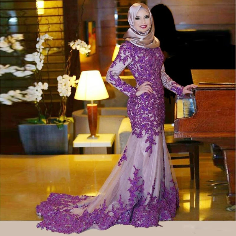 Hot Saudi Purple Mermaid Long Sleeve Evening Dresses High Neck Long Train Dubai Abaya Kaftan Robe De Soiree With Lace Appliques Prom Gown159