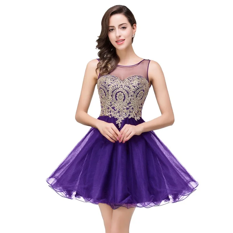 Элегантный бордовый темно синие лиловый фатин короткие платья для невесты без рукавов трапециевидной формы Свадебная вечеринка платье гость vestido - Цвет: Purple