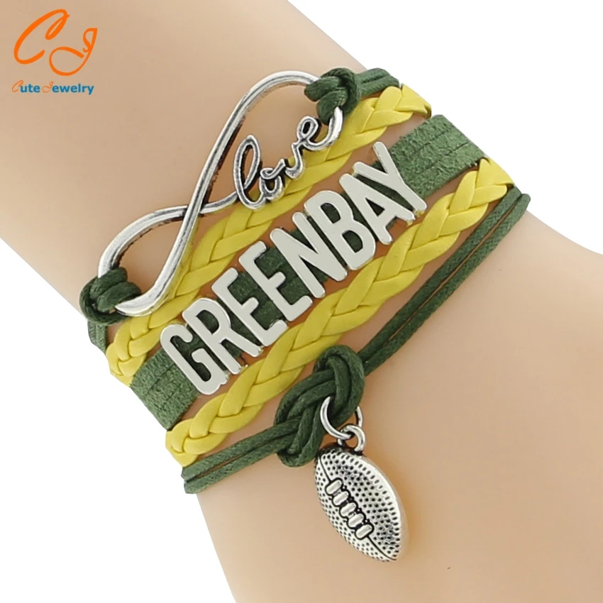 

3pcs Beautiful Greenbay Letter Leather Bracelets Dynamic Rope Chain Bracelets Charm Green Yellow Bracelets for Rugby