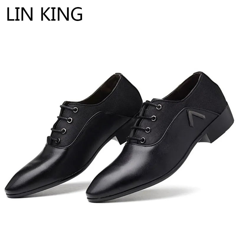 

LIN KING Plus Size Men Pu Leather Casual Shoes Pointed Toe Formal Shoes Lace Up Oxfords Shoes Wedding Party Dress Shoes For Male